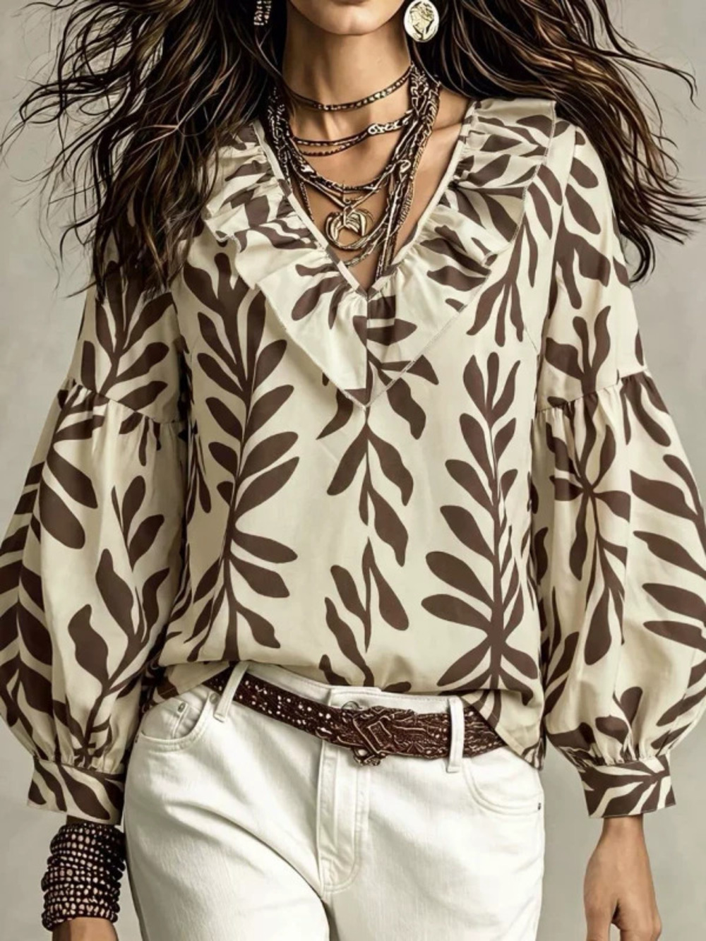 ZARA Vacation Leaf Print Long Sleeve Loose Puff Sleeve Ruffle Collar Top